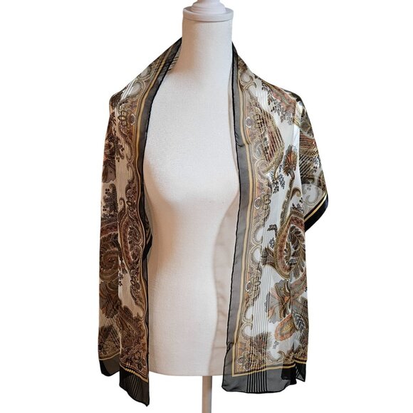 VTG Silk Blend Scarf head wrap Black Gold Paisley Boho Parisian Head Wrap - Picture 3 of 13